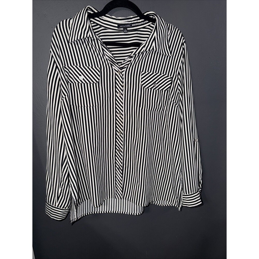 Notations Women’s Blouse Long Sleeve Button B&W Stripe XL Roll Beetlejuice